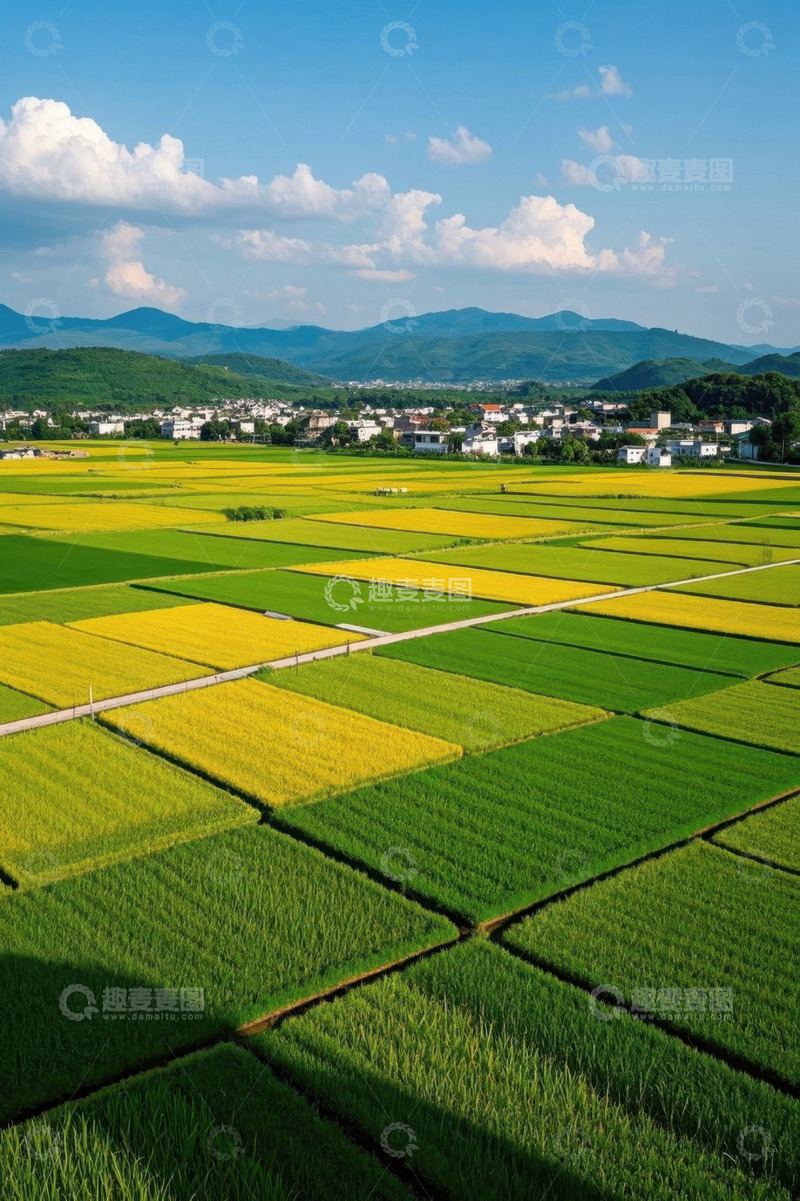 高清大图下载【趣麦麦图】田园风光稻田与村庄全景