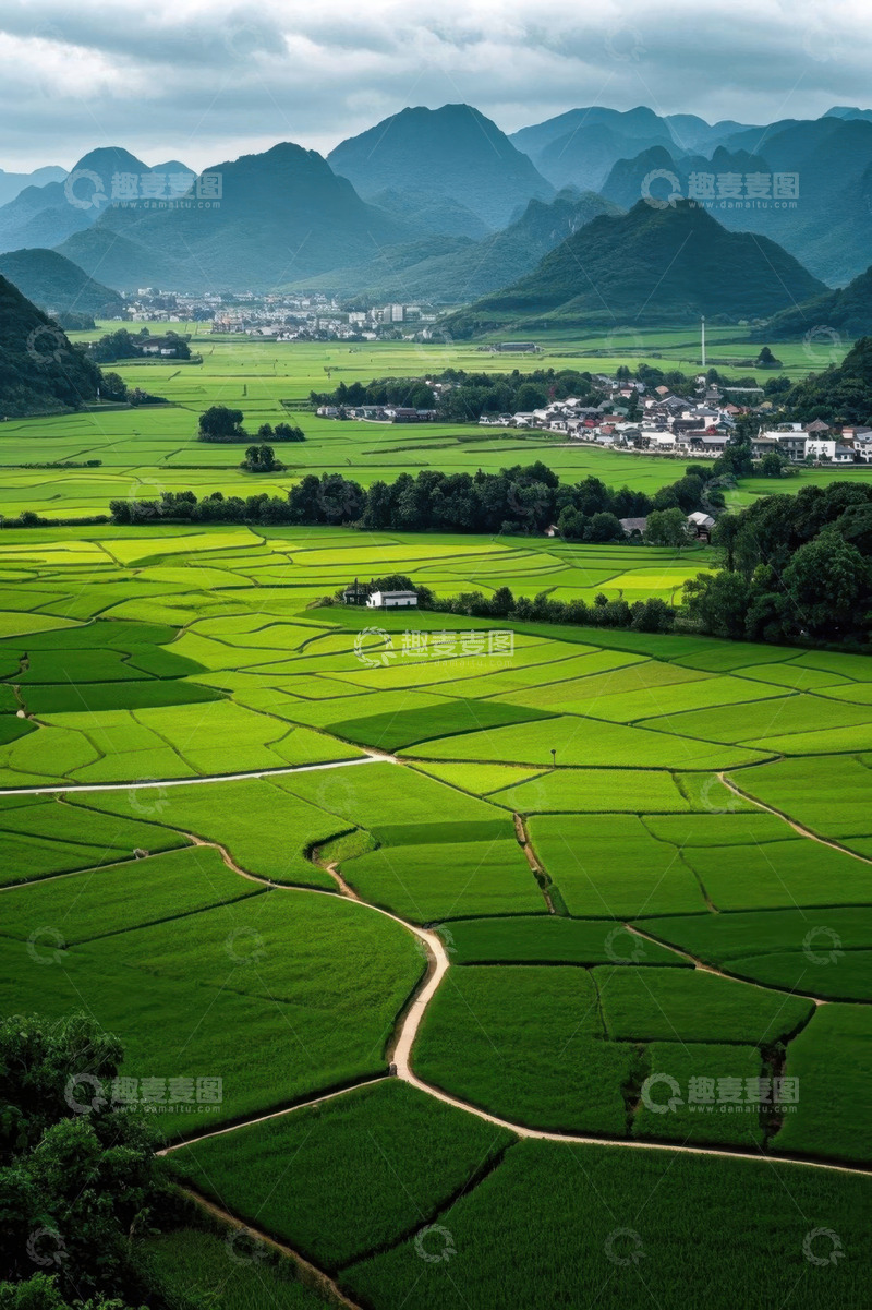 高清大图下载【趣麦麦图】田园风光中的稻田与远山景色