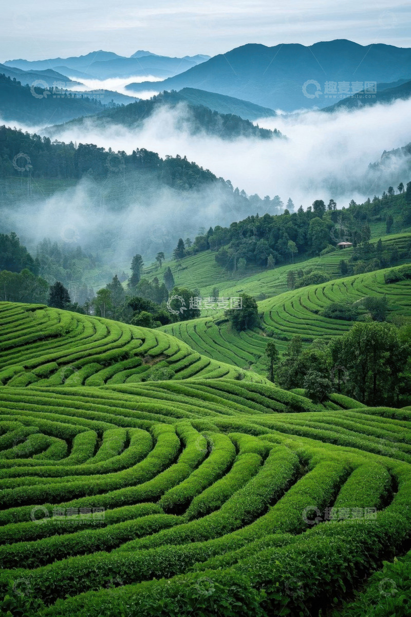 高清大图下载【趣麦麦图】山间云雾缭绕的绿色茶园