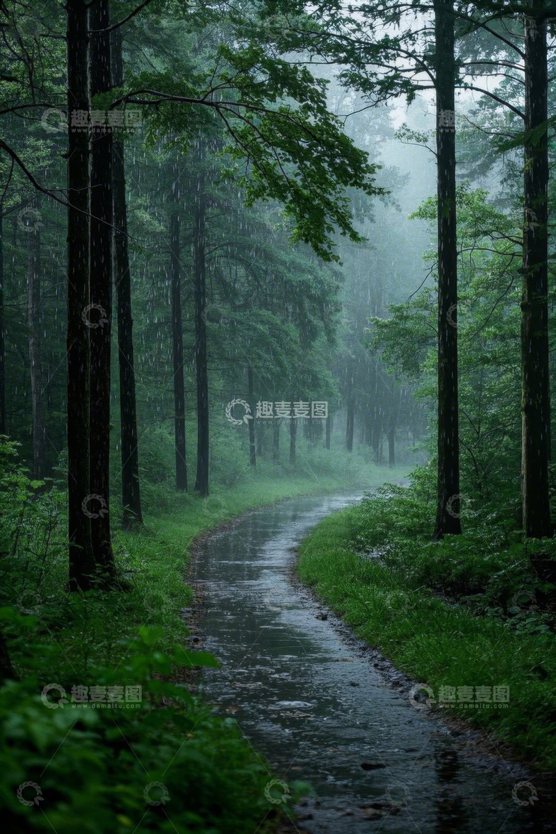 高清大图下载【趣麦麦图】雨中森林里的蜿蜒小路