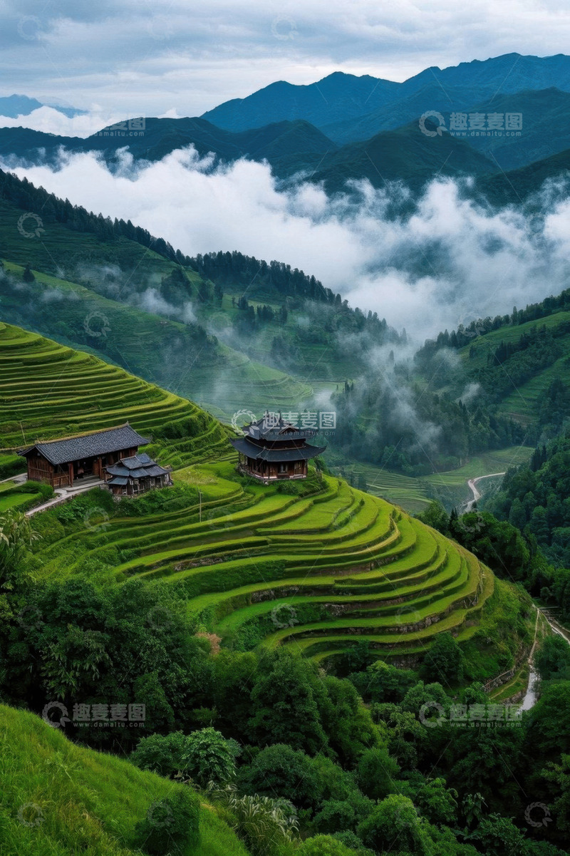 高清大图下载【趣麦麦图】山间云雾缭绕的绿色梯田景观