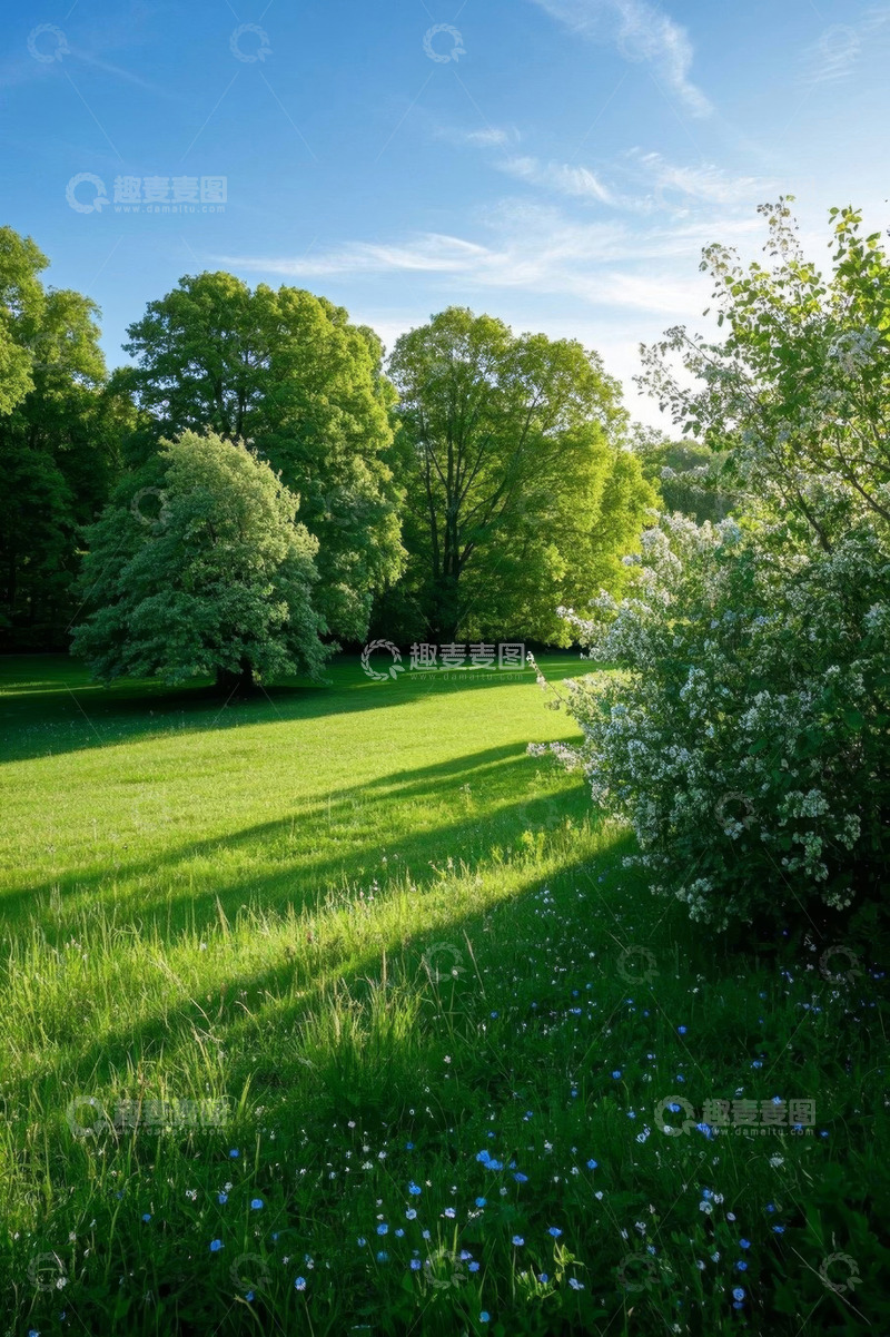 高清大图下载【趣麦麦图】阳光下绿意盎然的草地与树林
