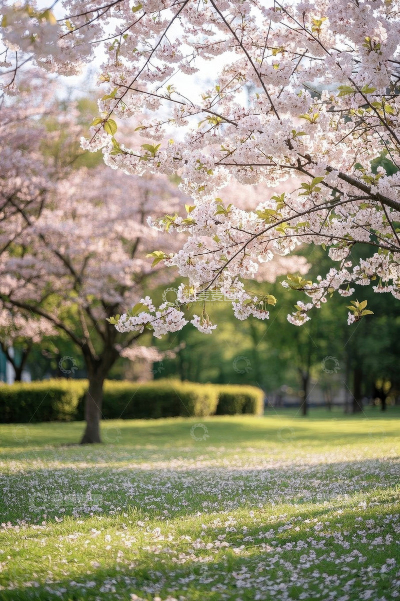 高清大图下载【趣麦麦图】公园草地盛开的樱花树