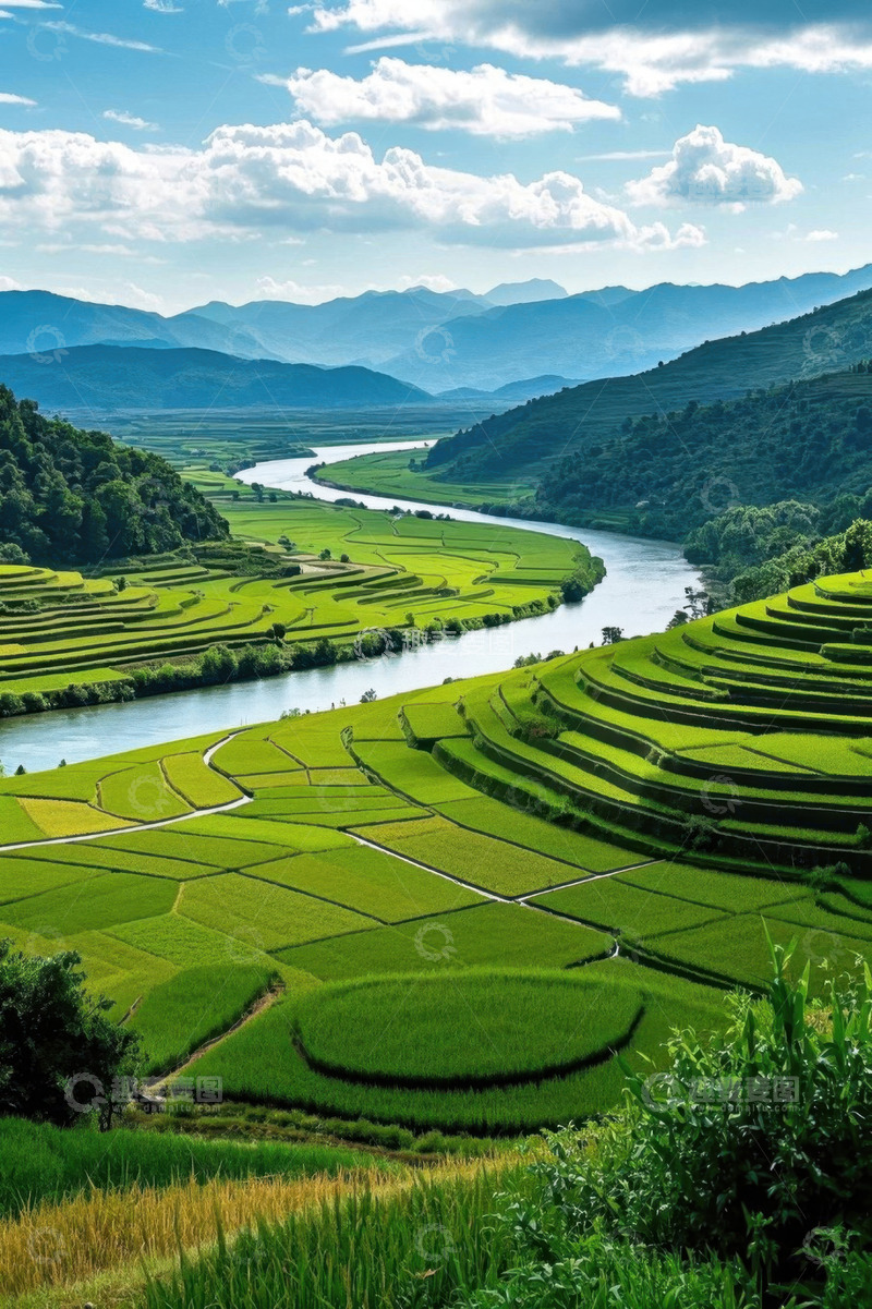 高清大图下载【趣麦麦图】田园风光稻田河流远景