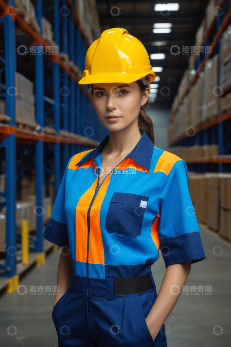 高清大图下载【趣麦麦图】仓库女工人工装安全帽形象