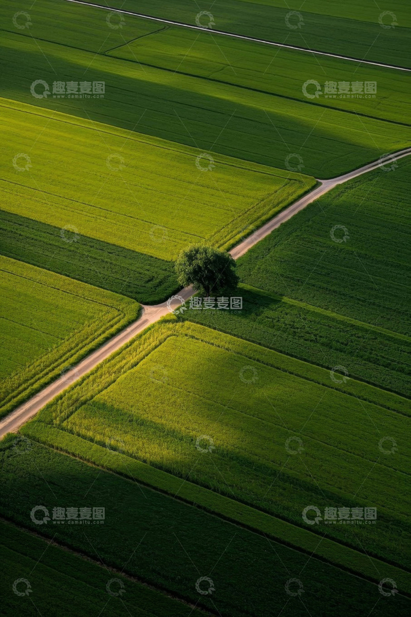 高清大图下载【趣麦麦图】航拍绿色田野间的小路与孤树