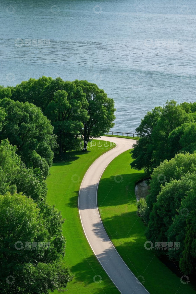 高清大图下载【趣麦麦图】湖边绿树环绕的蜿蜒道路