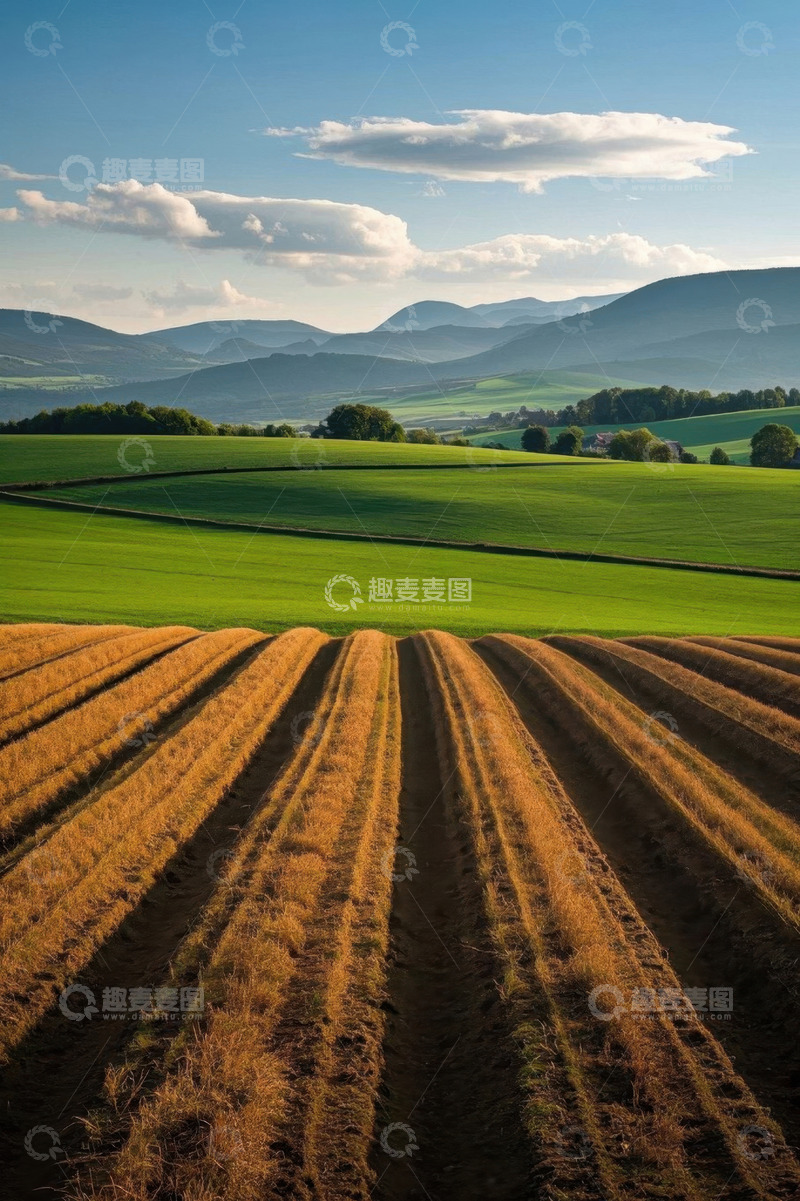 高清大图下载【趣麦麦图】田园风光农田与远山景色