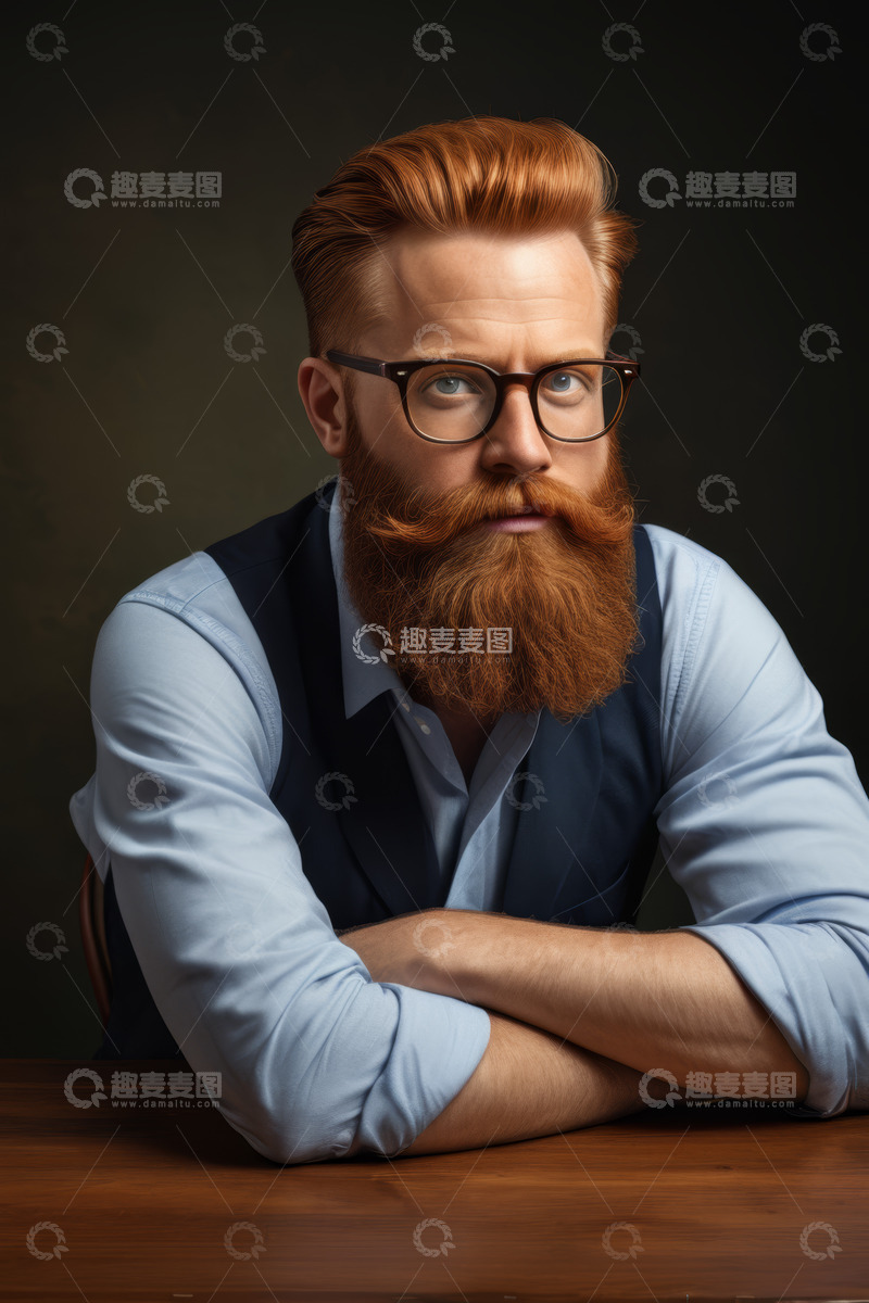 高清大图下载【趣麦麦图】红发络腮胡男子双臂交叉肖像