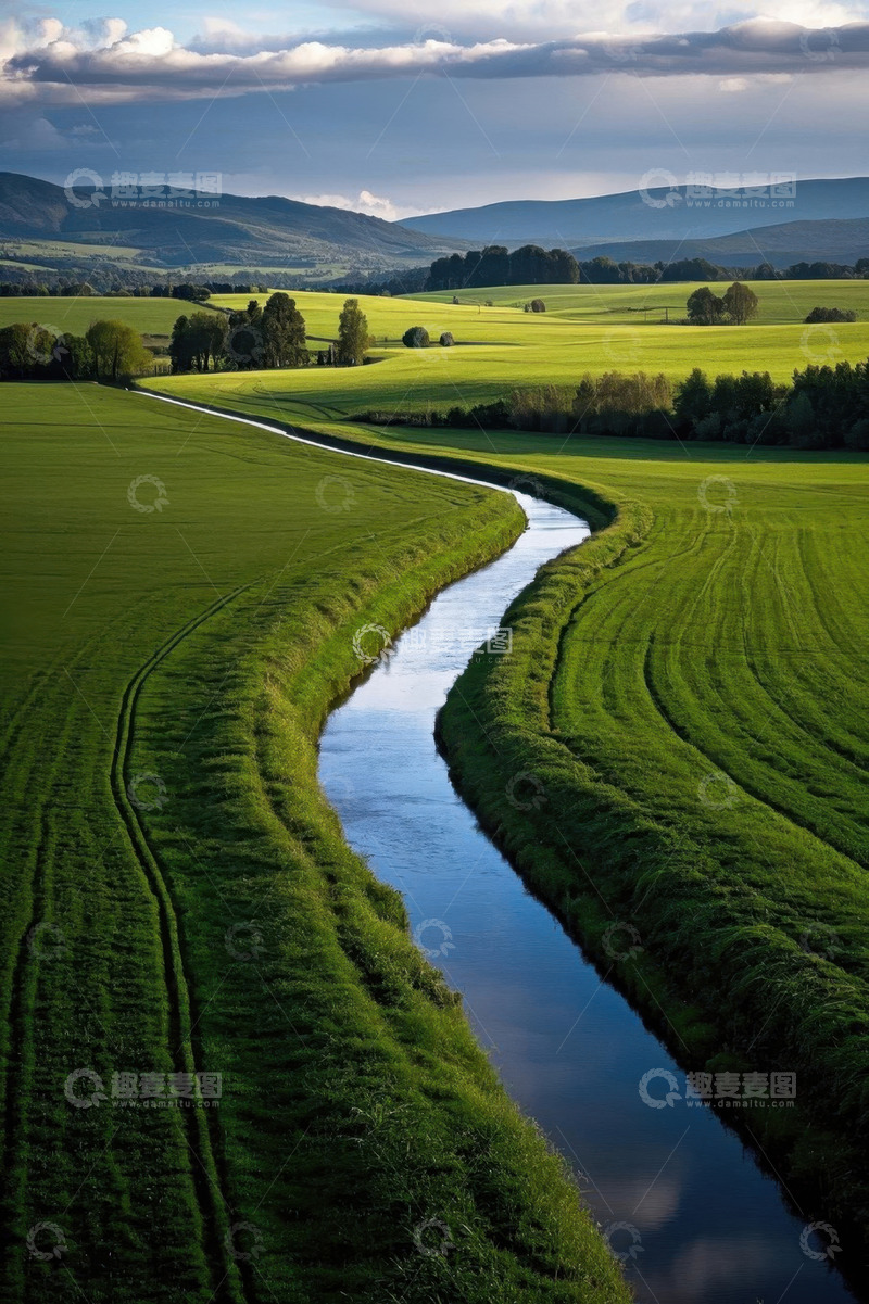 高清大图下载【趣麦麦图】田野间蜿蜒河流自然景观