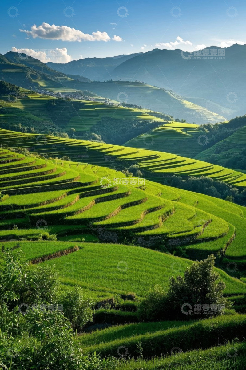 高清大图下载【趣麦麦图】青山间的绿色梯田风景