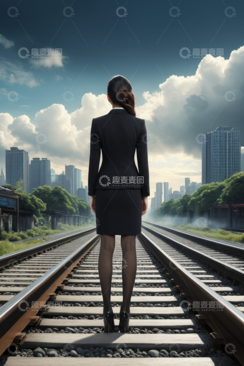 高清大图下载【趣麦麦图】职业女性站在铁轨望向城市