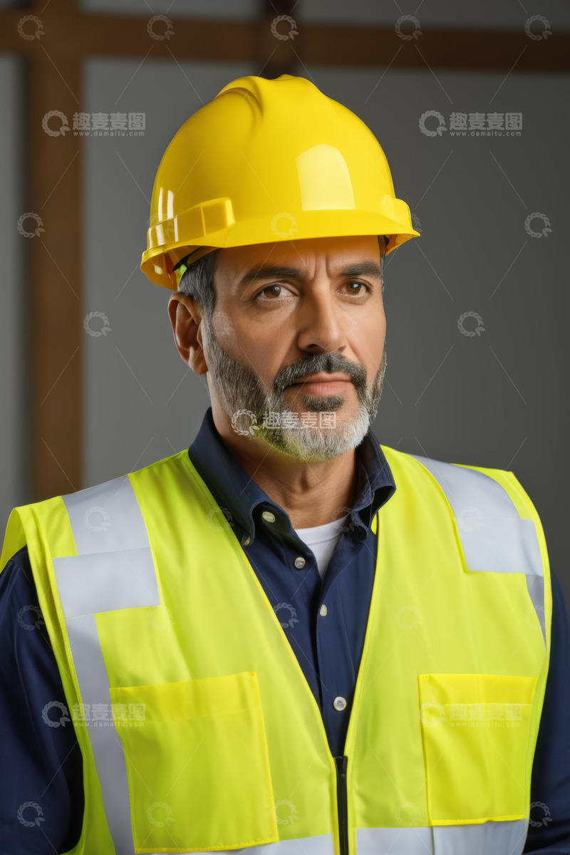 高清大图下载【趣麦麦图】戴安全帽穿反光背心工人肖像