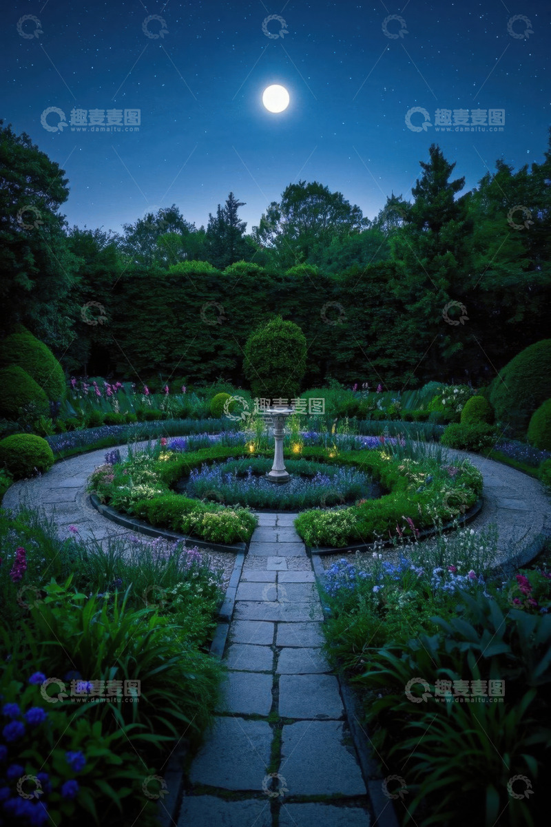 高清大图下载【趣麦麦图】月夜下的花园景观
