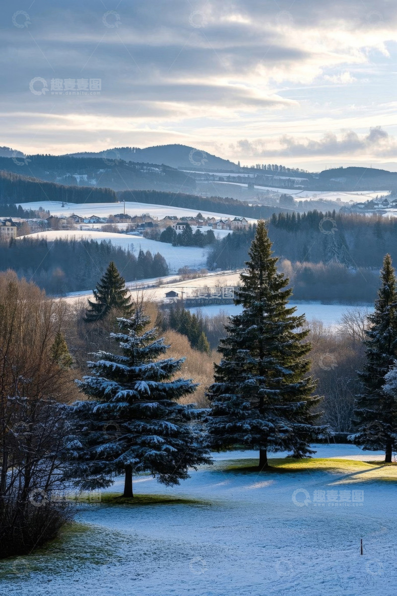 高清大图下载【趣麦麦图】冬日雪覆盖的山林与村庄景色