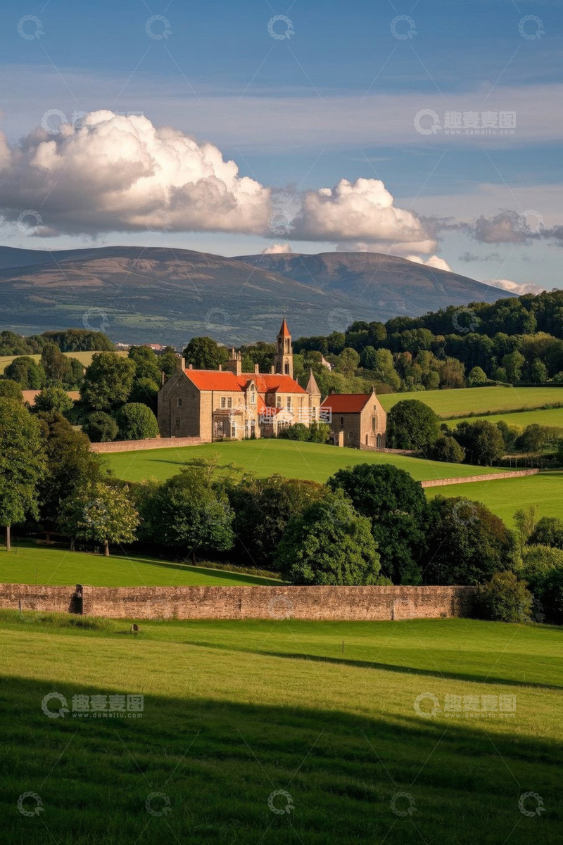 高清大图下载【趣麦麦图】乡村田园中的红顶建筑风光