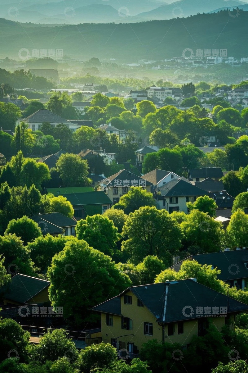 高清大图下载【趣麦麦图】小镇房屋与绿树鸟瞰景观