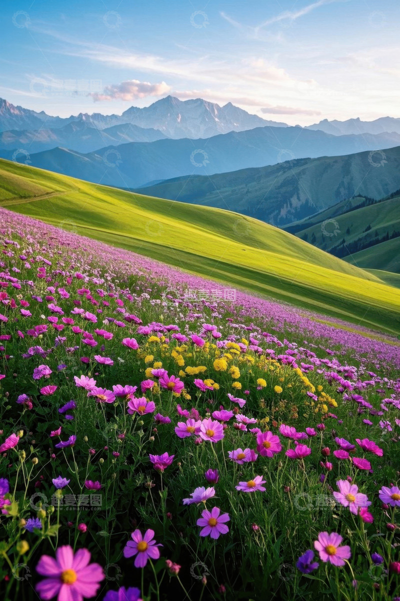 高清大图下载【趣麦麦图】山坡上盛开的多彩野花景观