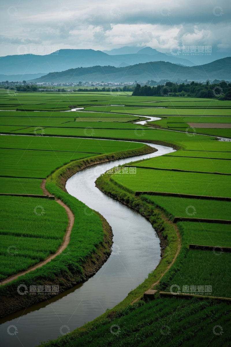 高清大图下载【趣麦麦图】田园风光蜿蜒河流与稻田