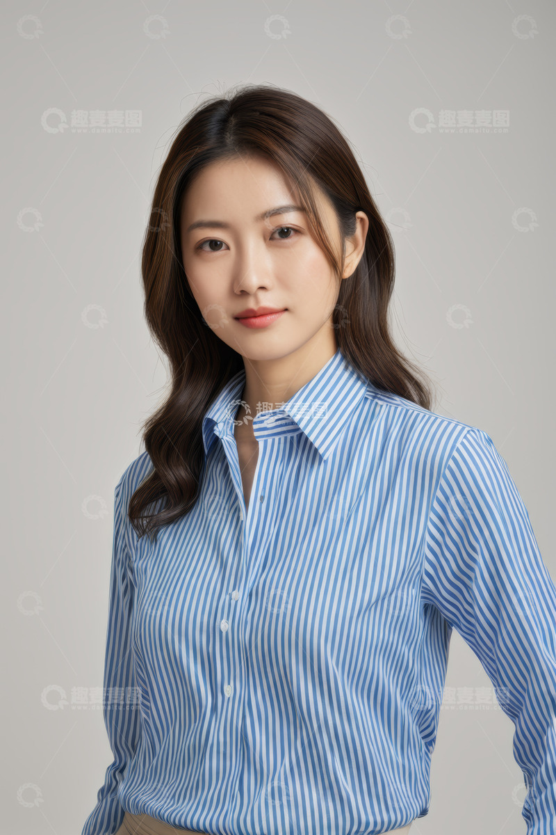 高清大图下载【趣麦麦图】亚洲女性蓝条纹衬衫肖像