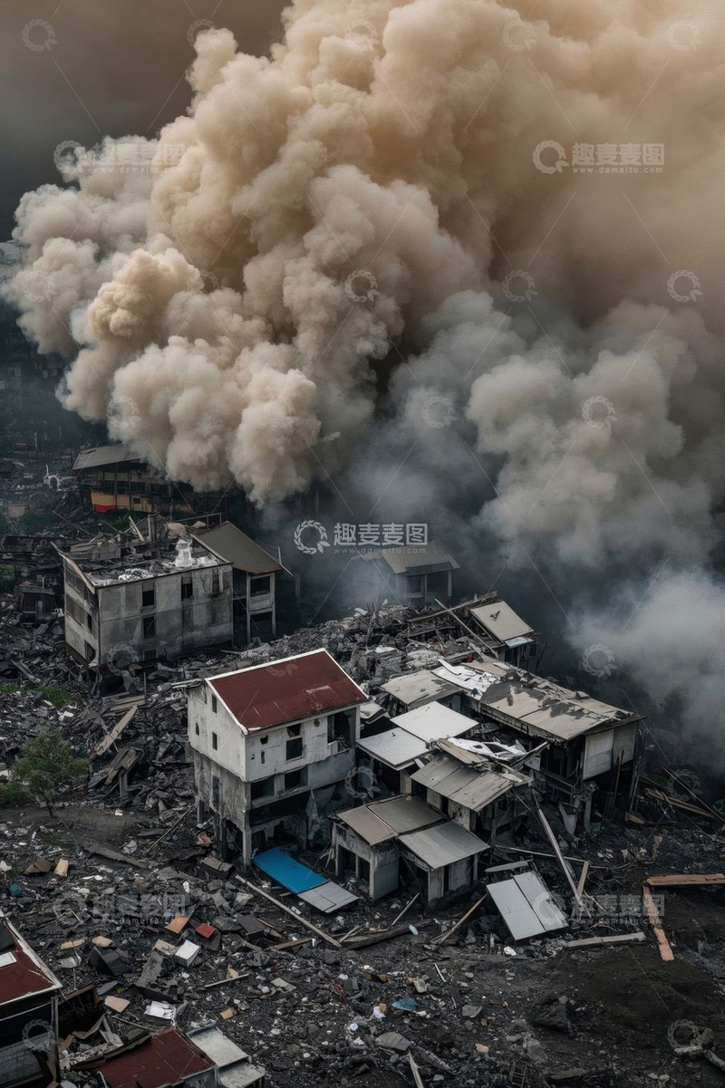 高清大图下载【趣麦麦图】废墟上浓烟滚滚的景象