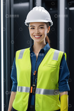 穿反光背心戴安全帽的女工人