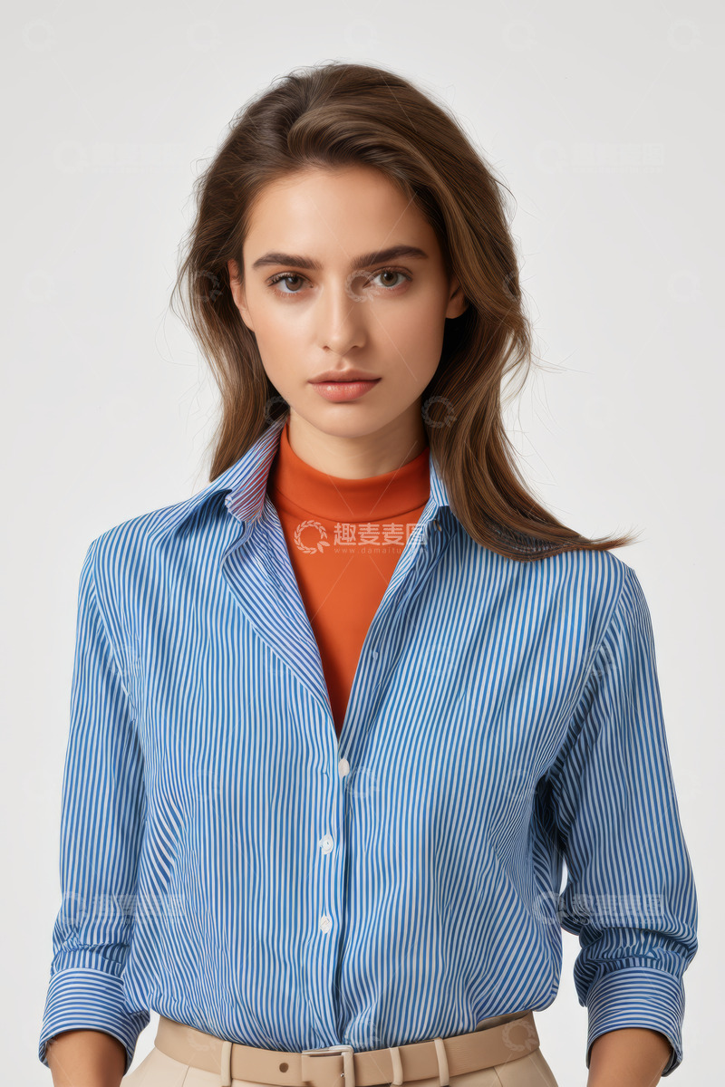 高清大图下载【趣麦麦图】穿蓝条纹衬衫的女性模特