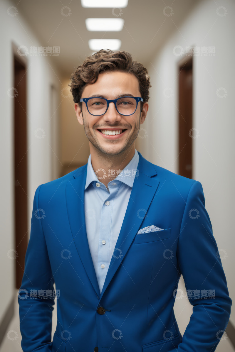高清大图下载【趣麦麦图】身着蓝色西装的男士走廊微笑