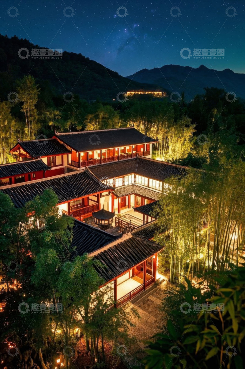 高清大图下载【趣麦麦图】山间中式建筑夜景
