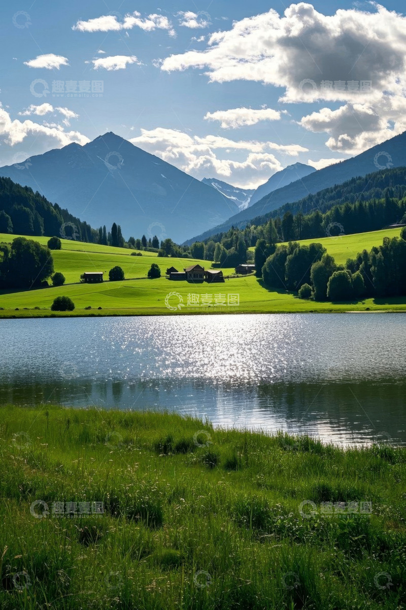 高清大图下载【趣麦麦图】湖畔青山绿树田园风光