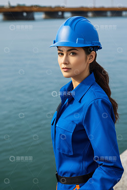 水边穿工装戴安全帽的女性