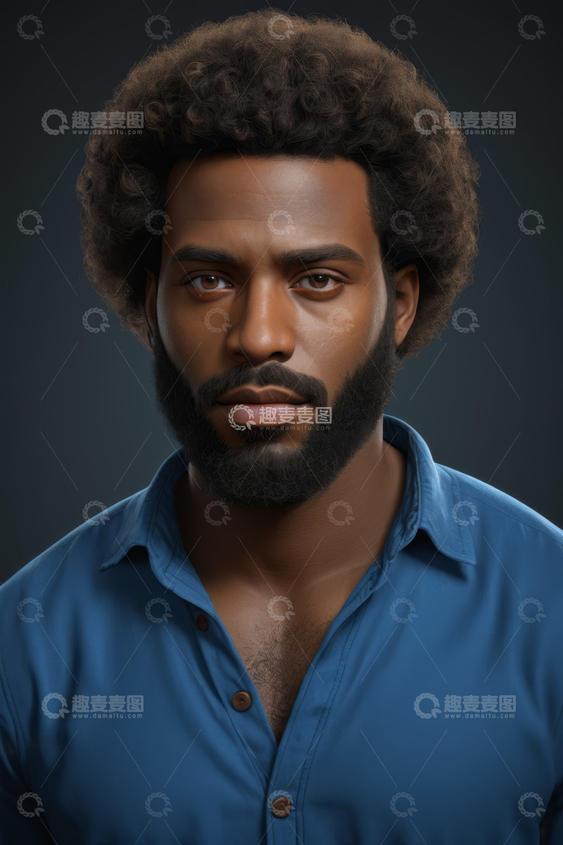 高清大图下载【趣麦麦图】非洲裔男子蓝色衬衫肖像
