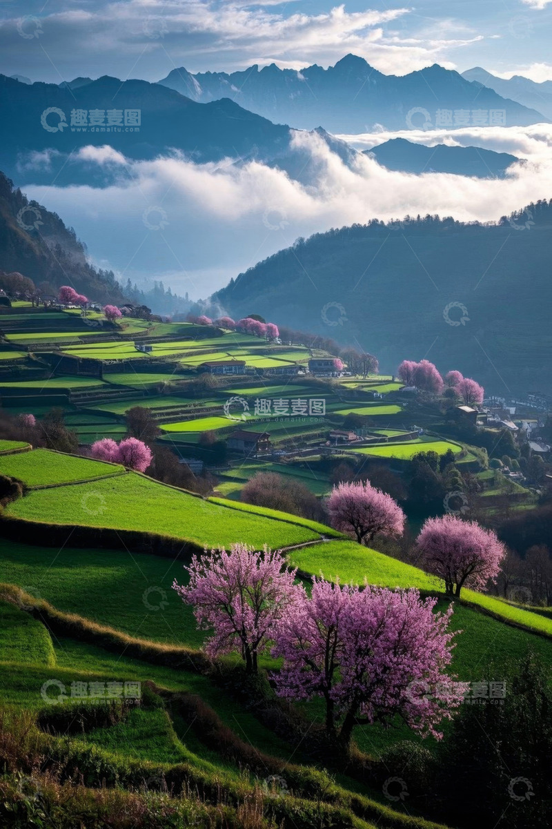 高清大图下载【趣麦麦图】山间梯田与盛开桃花景观