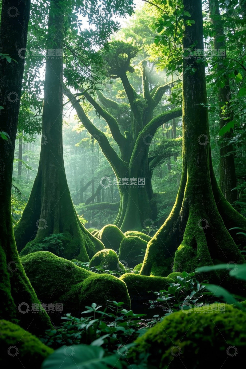 高清大图下载【趣麦麦图】阳光照耀下的茂密森林景象