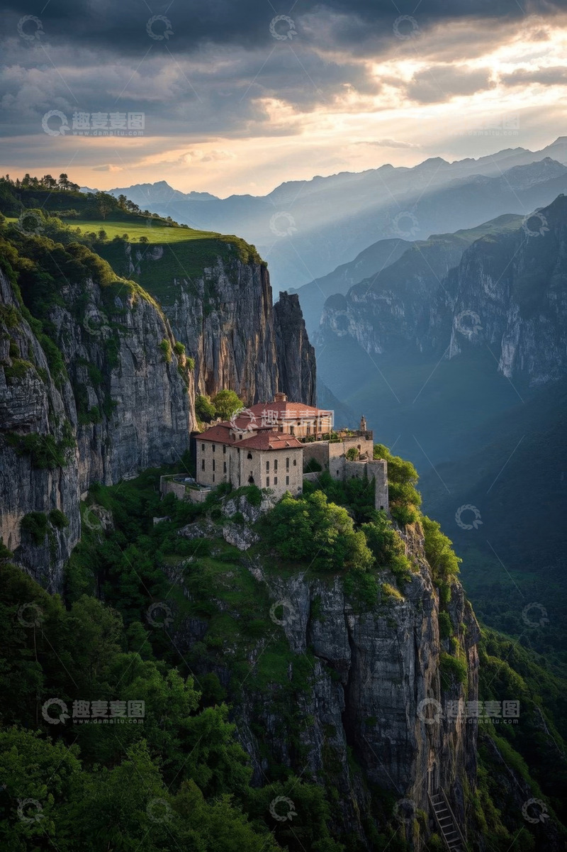 高清大图下载【趣麦麦图】悬崖上的建筑与壮丽山景
