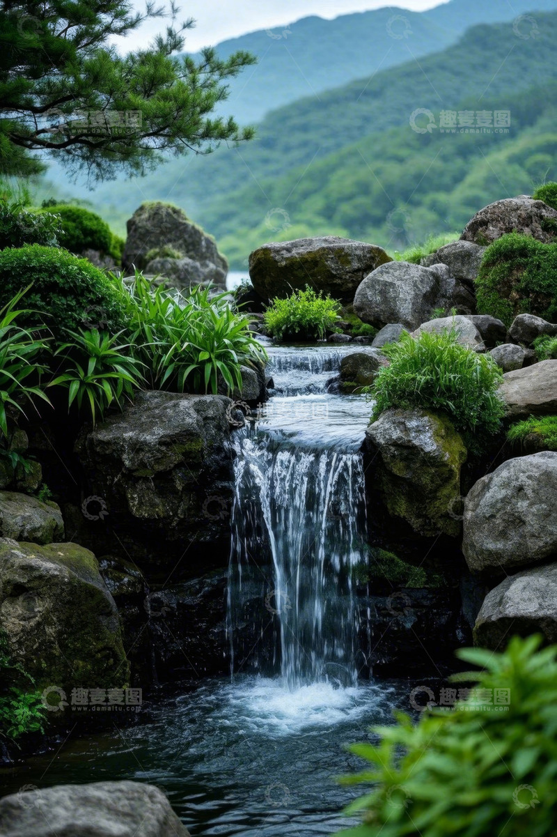 高清大图下载【趣麦麦图】山间溪流旁的岩石与绿植景观