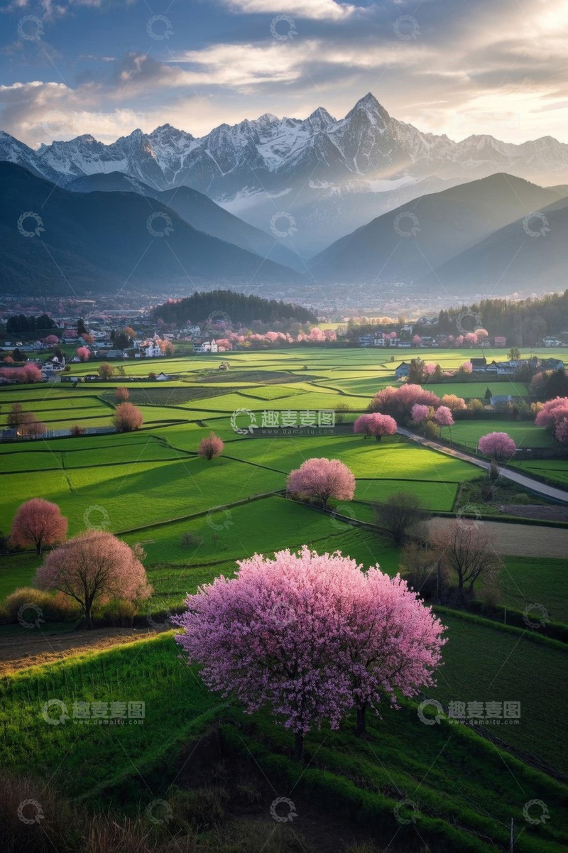 高清大图下载【趣麦麦图】田园风光与远处雪山景观