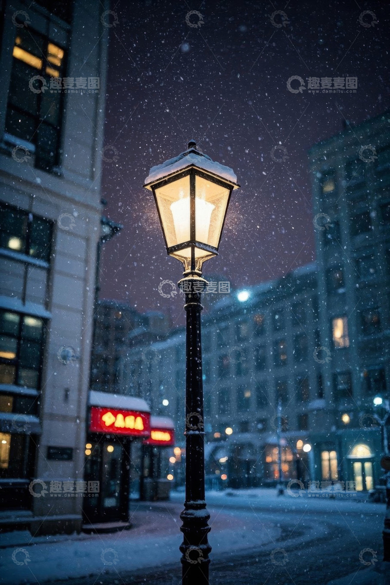 高清大图下载【趣麦麦图】雪夜街道上的亮灯路灯