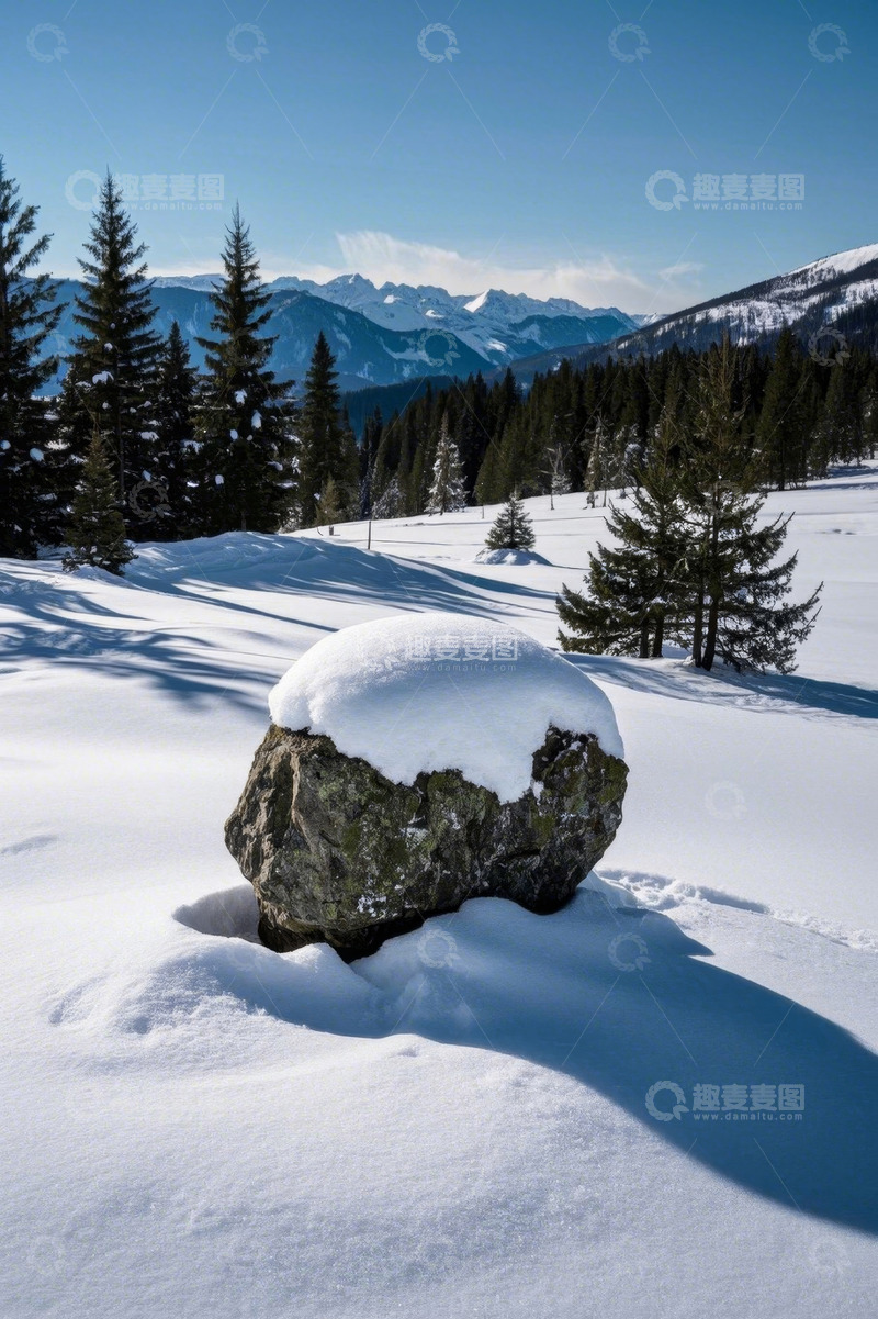 高清大图下载【趣麦麦图】雪覆岩石的山林冬日景观