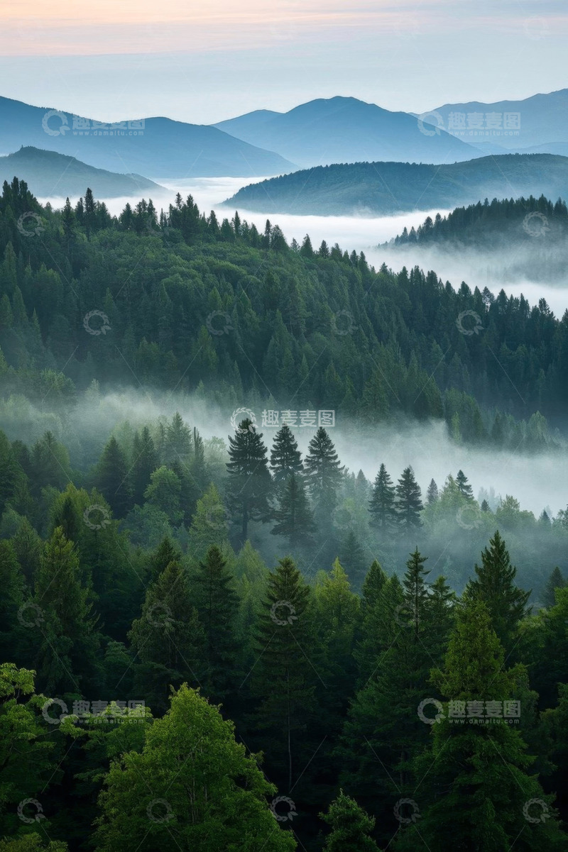 高清大图下载【趣麦麦图】山林间晨雾弥漫的自然景观