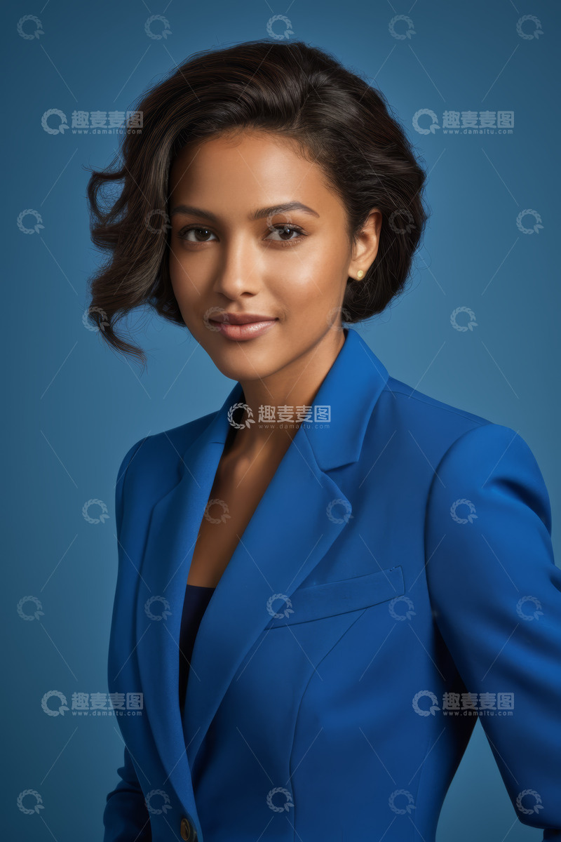 高清大图下载【趣麦麦图】身着蓝色西装的女性肖像
