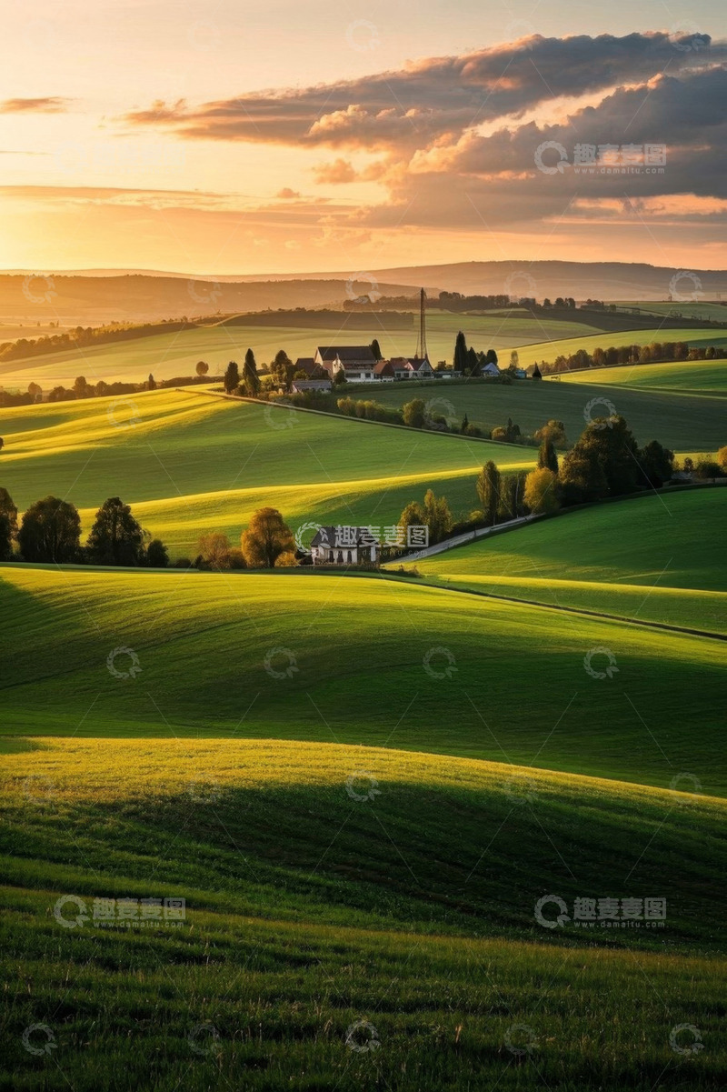 高清大图下载【趣麦麦图】田园风光日落全景