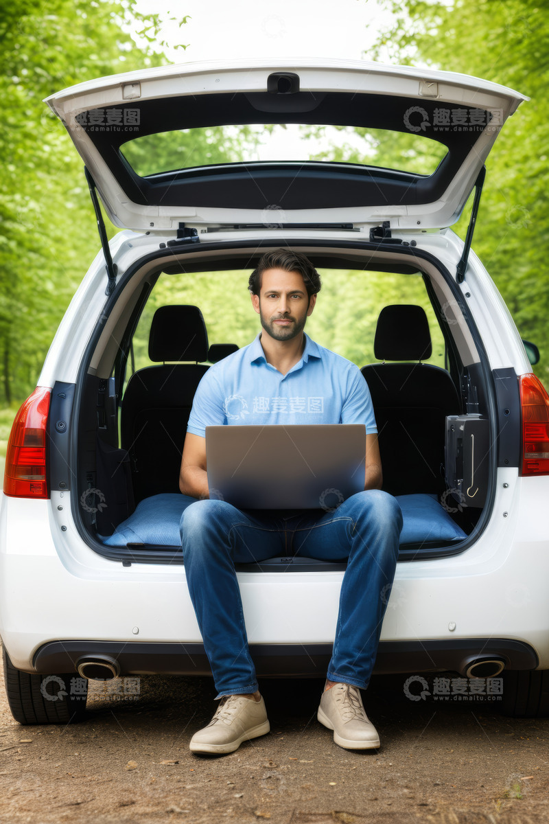 高清大图下载【趣麦麦图】男子坐在汽车后备箱使用笔记本电脑