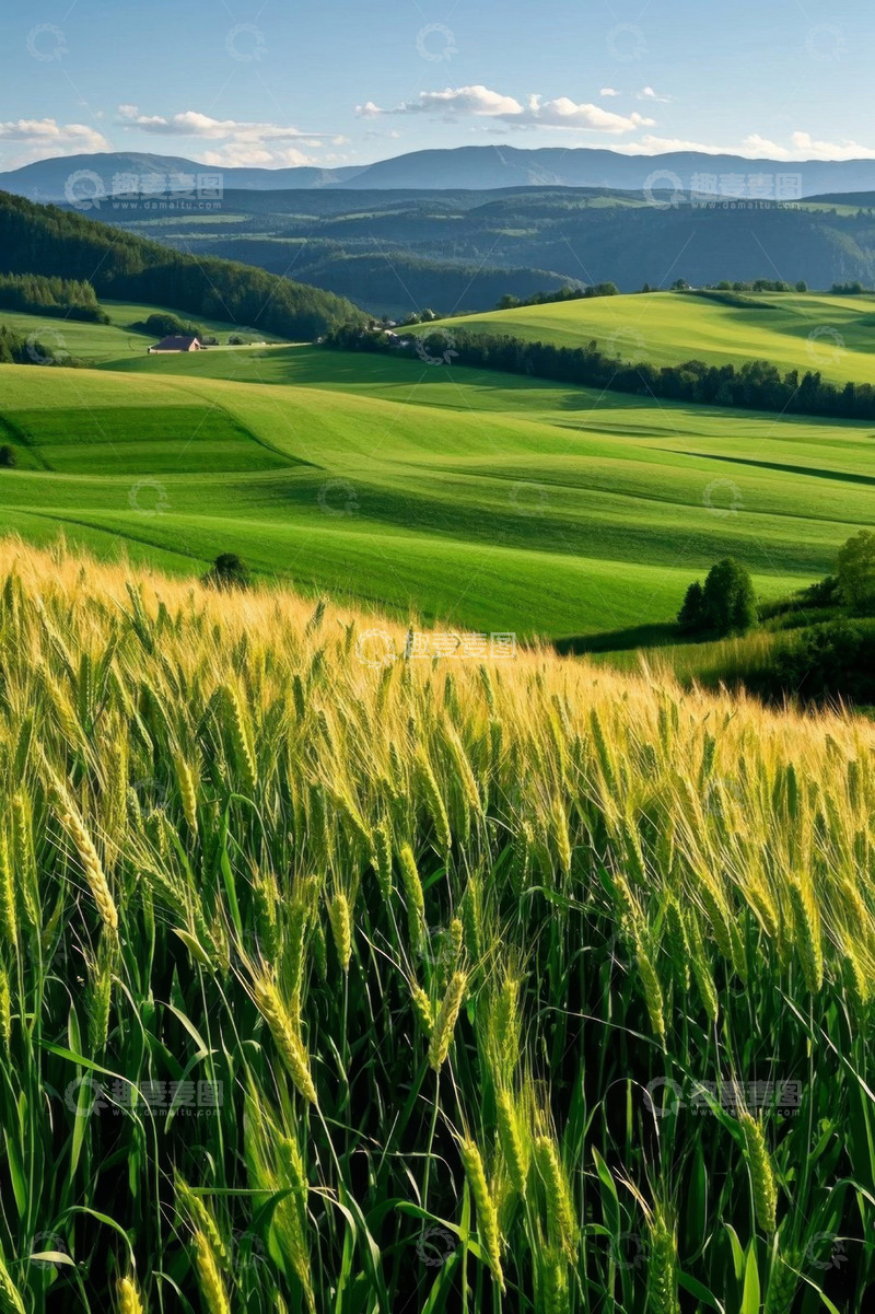 高清大图下载【趣麦麦图】田野中的麦田与远山景观