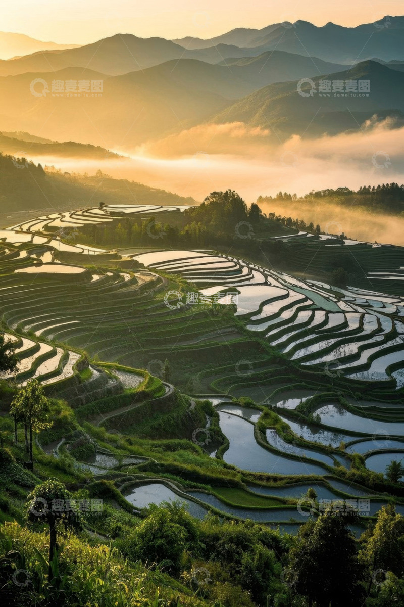 高清大图下载【趣麦麦图】日出下的山间梯田风光