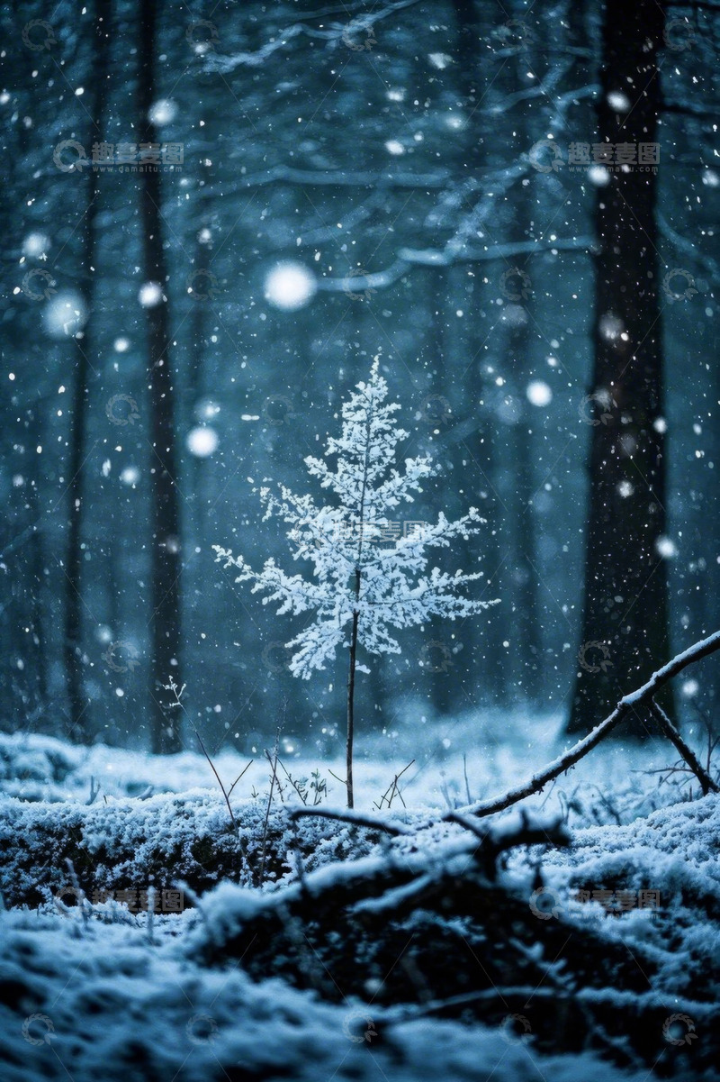 高清大图下载【趣麦麦图】雪天森林中的小树景象