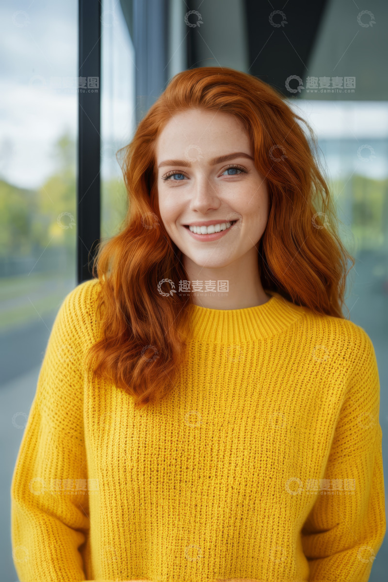 高清大图下载【趣麦麦图】红发女子穿着黄色毛衣微笑