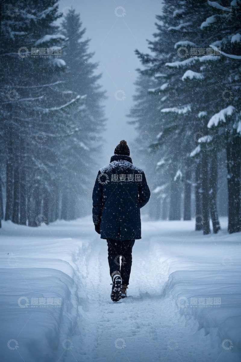 高清大图下载【趣麦麦图】雪中行人漫步森林小道