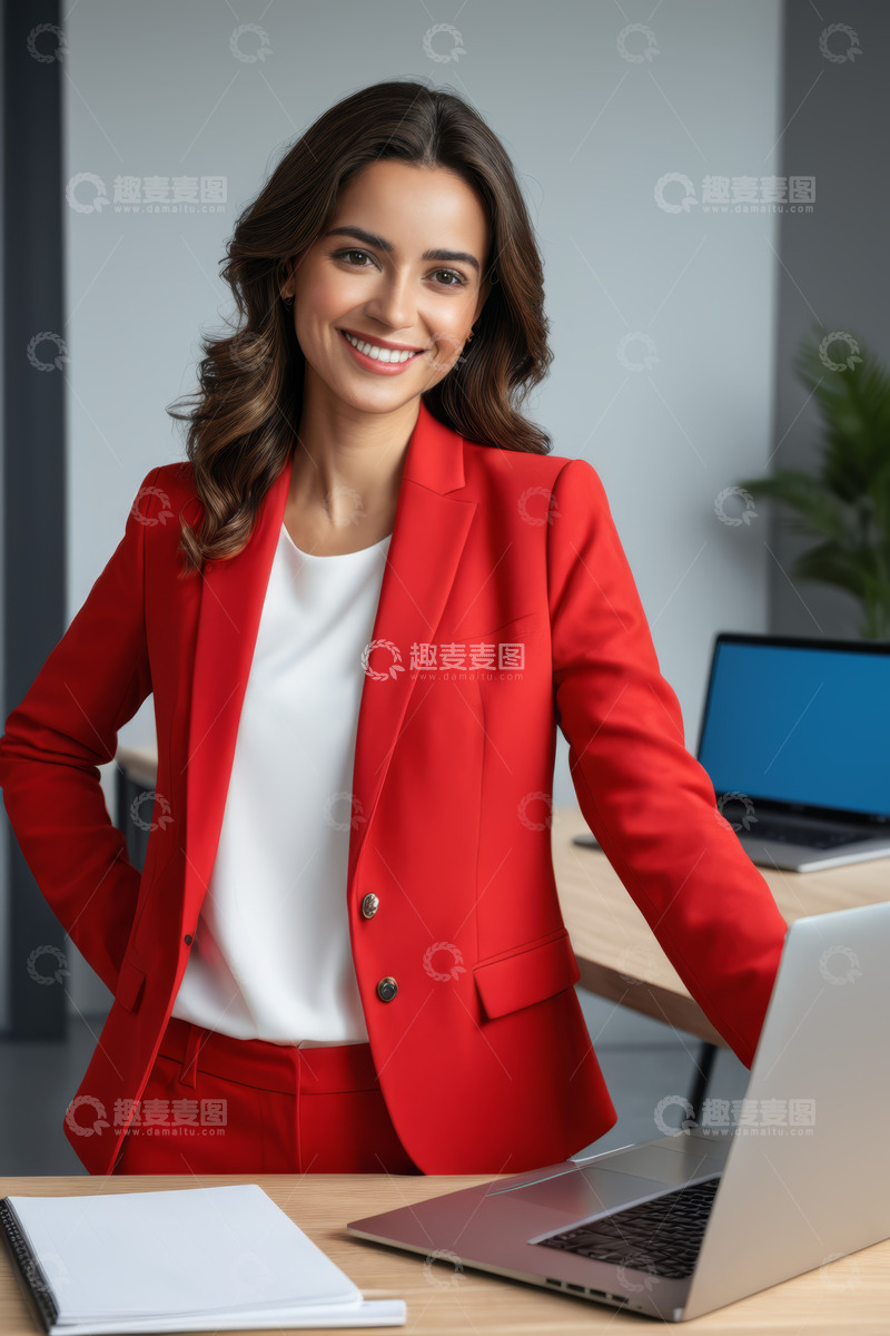 高清大图下载【趣麦麦图】穿红西装的女商人办公场景