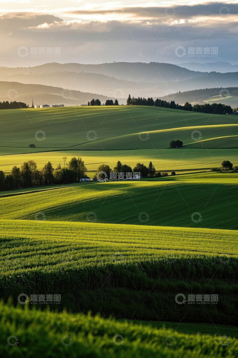 高清大图下载【趣麦麦图】绿色田野与远山自然风光